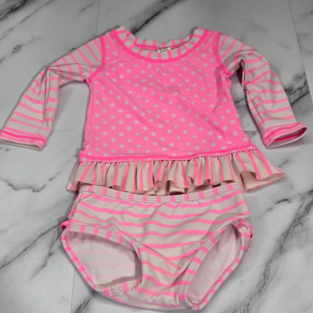RuffleButts Rash Guard Swimsuit Girls 6-12m Pink Polka Dot Stripe 2pc Set
